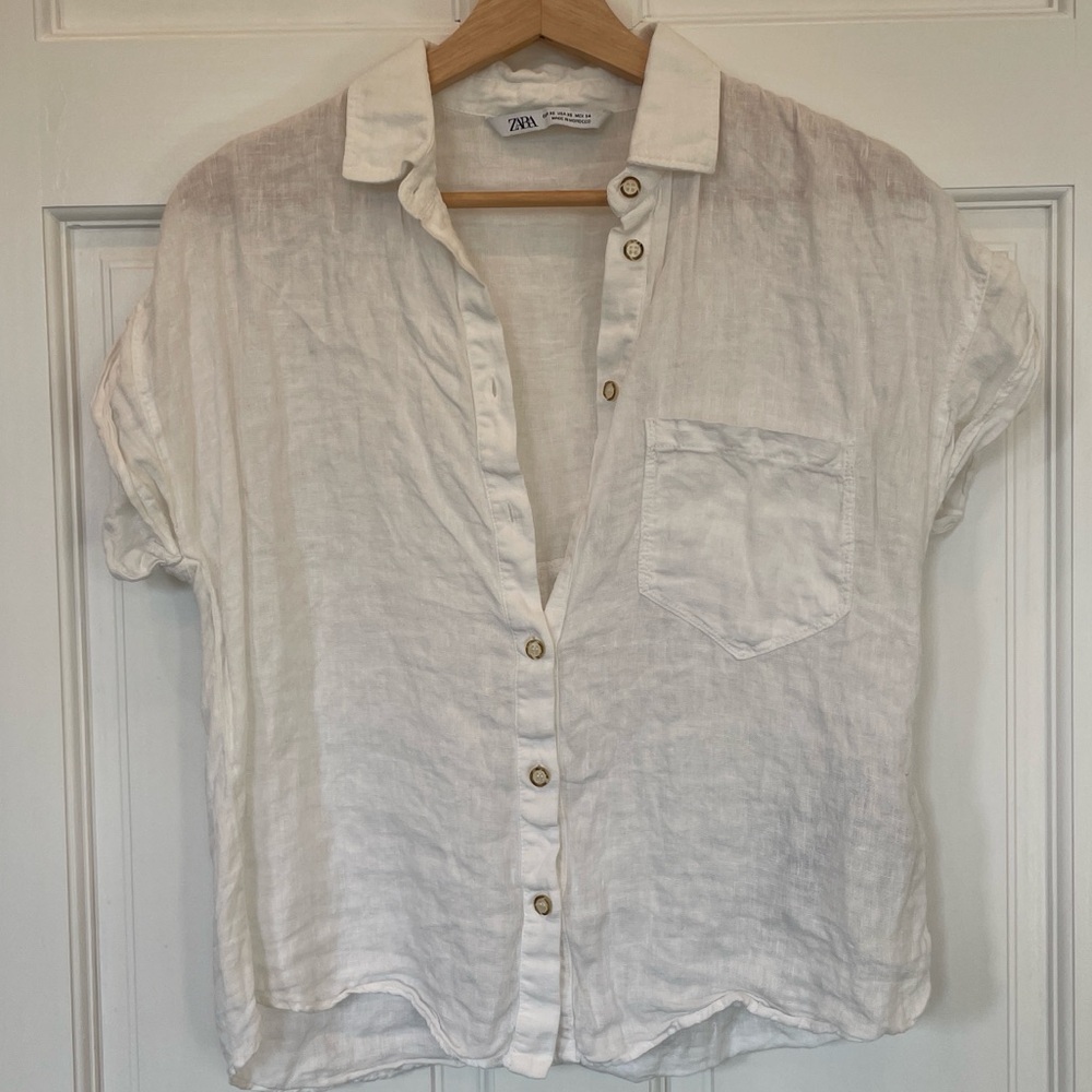 White linen Zara collared short sleeve shirt size XS